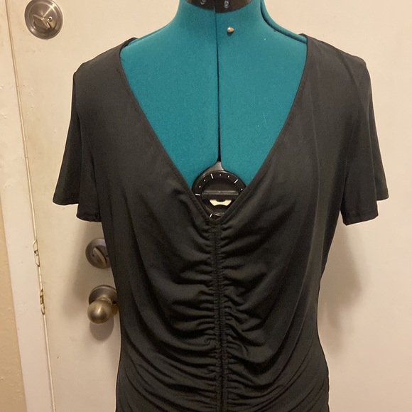 Silky Knit Dress w/pull string in front Black tight fit short sleeves v neck - Picture 2 of 9
